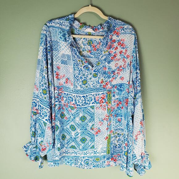 Emily Wonder Womens Blue Colorful Floral Patchwork V-Neck Blouse Top Size 1X - Picture 1 of 6